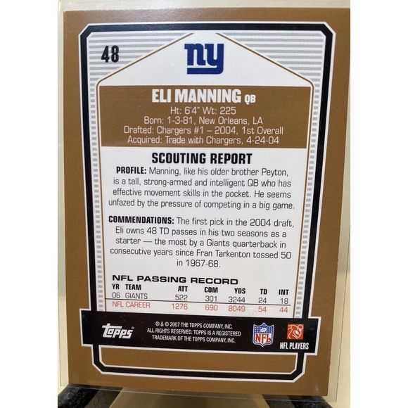 2007 Topps Eli Manning DPP #48 NM-M New York Giants Football NFL Trading Card - Picture 2 of 2